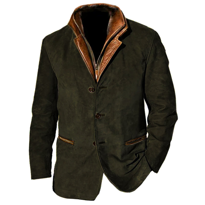 Męska kurtka zamszowa vintage, elegancka w stylu retro, z kołnierzem, kieszeniami, dopasowanym krojem, dostępna w wielu kolorach.