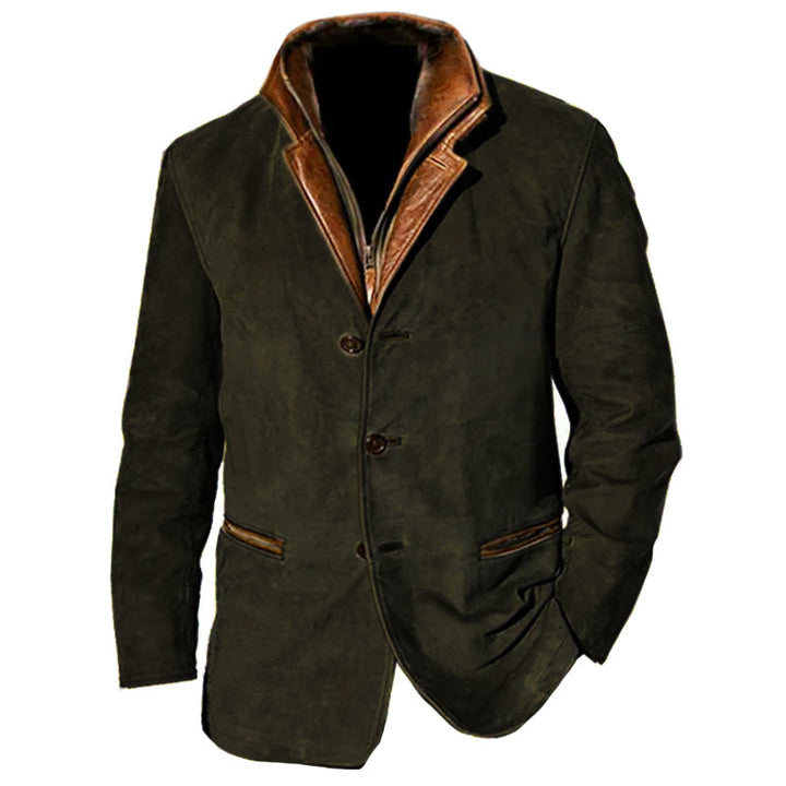 Męska kurtka zamszowa vintage, elegancka w stylu retro, z kołnierzem, kieszeniami, dopasowanym krojem, dostępna w wielu kolorach.