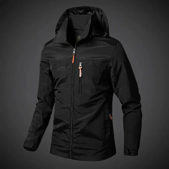 Męska kurtka wodoodporna, wygodna, elegancka, w kolorze czarnym, zapewniająca ochronę przed wiatrem i deszczem.