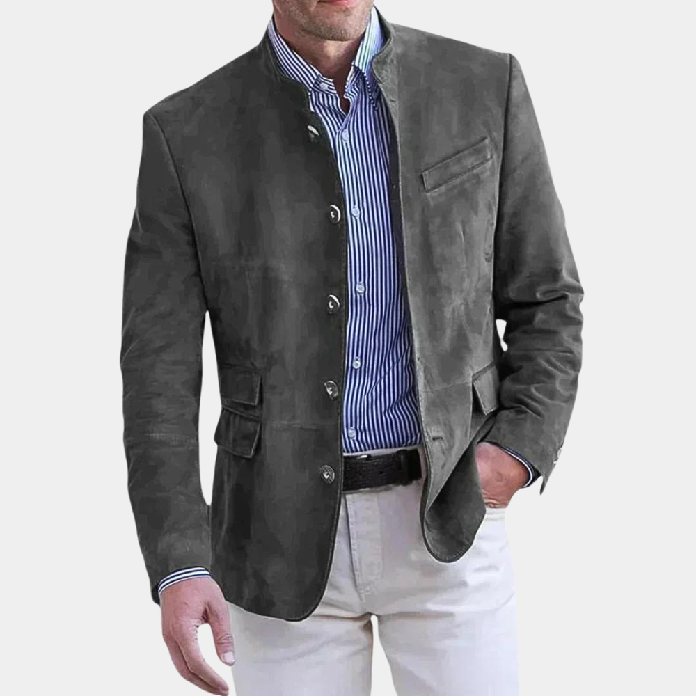 Ciemnoszara męska kurtka Veteuri w klasycznym, eleganckim stylu, z czystymi liniami, szykowna i wszechstronna.