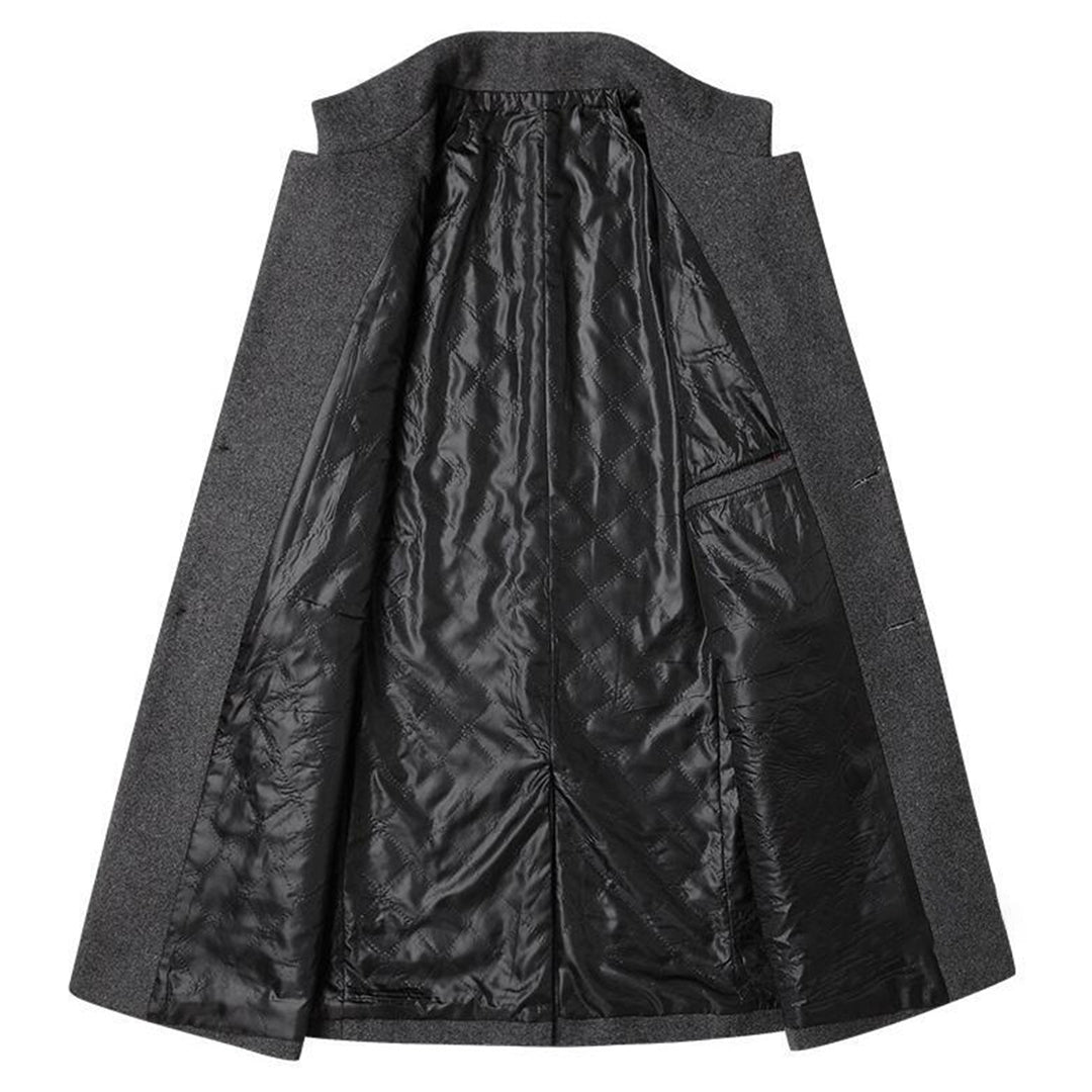Elegancka długa kurtka męska, czarna, z praktycznymi kieszeniami, optymalna na chłodne dni