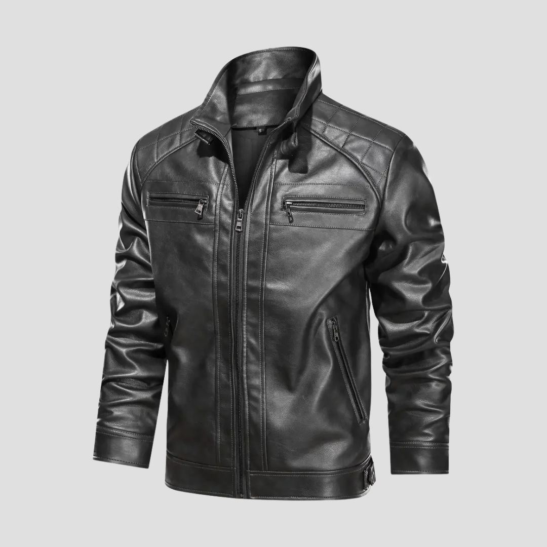 Męska kurtka motocyklowa retro ze sztucznej skóry, czarna, z kołnierzem stójką i kieszeniami na zamek, elegancka i dopasowana.