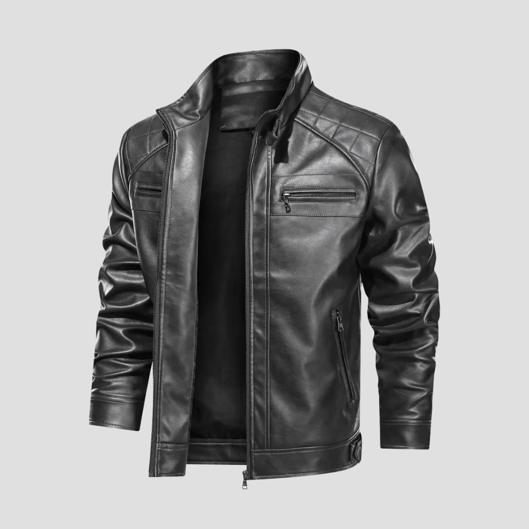 Męska kurtka motocyklowa retro ze sztucznej skóry, czarna, z kołnierzem stójką i kieszeniami na zamek, elegancka i dopasowana.