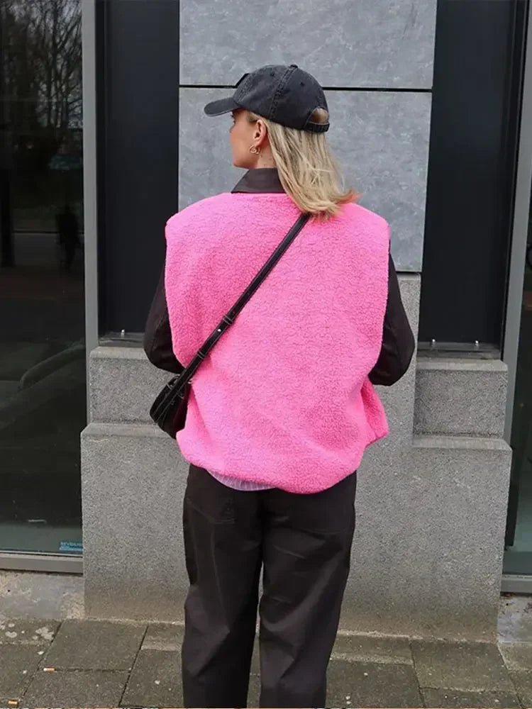 Damska kamizelka polarowa bez rękawów, miękka i elegancka kamizelka na okres przejściowy, optymalny komfort termiczny, nowoczesny jednolity kolor.