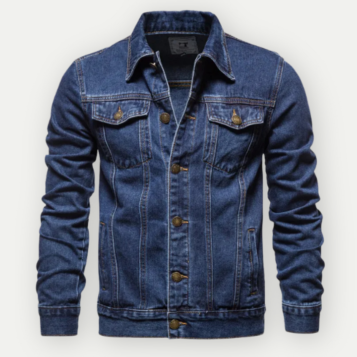 Męska kurtka jeansowa trucker, klasyczny krój, kolory czarny i niebieski, swobodny i elegancki wygląd.