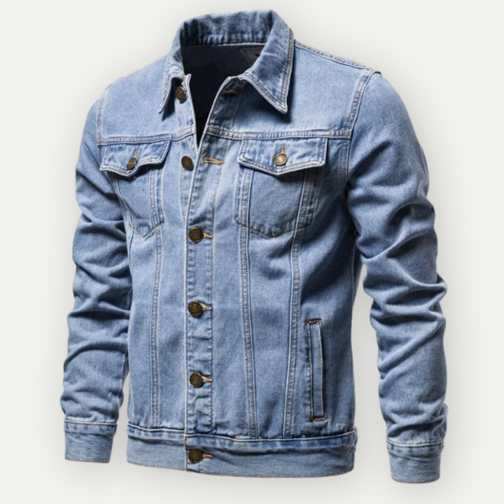 Męska kurtka jeansowa trucker, klasyczny krój, kolory czarny i niebieski, swobodny i elegancki wygląd.