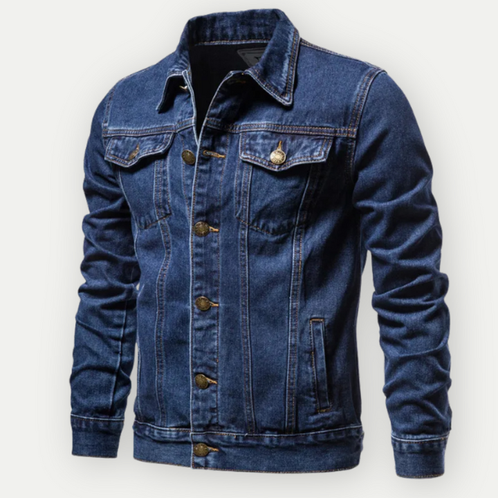 Męska kurtka jeansowa trucker, klasyczny krój, kolory czarny i niebieski, swobodny i elegancki wygląd.