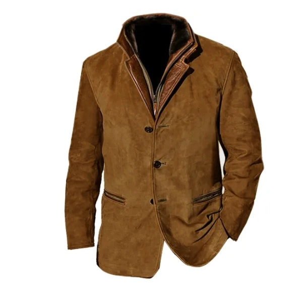 Męska kurtka vintage z guzikami i kieszeniami, w ciepłych odcieniach kawy, khaki, brązu, niebieskiego i czerni, w eleganckim stylu retro.