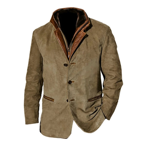 Męska kurtka vintage z guzikami i kieszeniami, w ciepłych odcieniach kawy, khaki, brązu, niebieskiego i czerni, w eleganckim stylu retro.