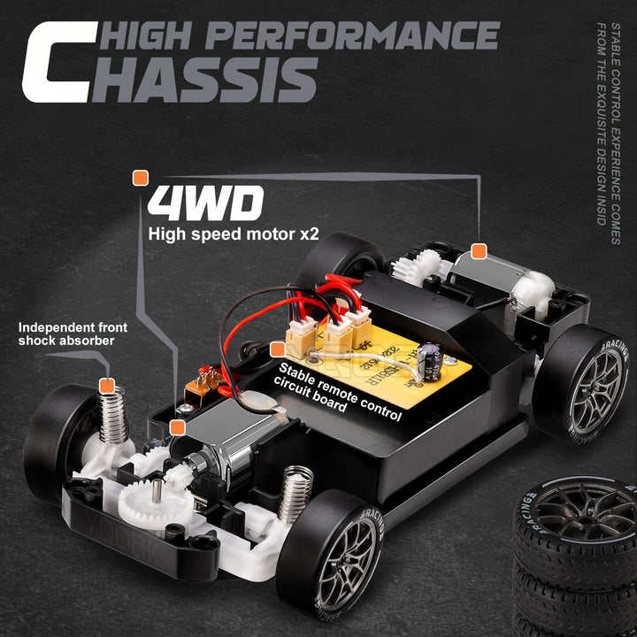Samochód RC Drift 4WD w akcji z jasnymi diodami LED i akumulatorem, idealny do spektakularnych driftów.