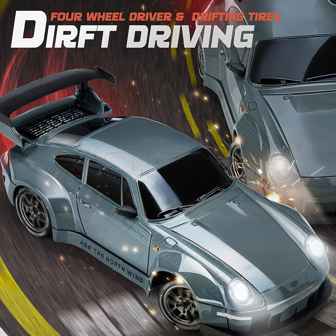 Samochód RC Drift 4WD w akcji z jasnymi diodami LED i akumulatorem, idealny do spektakularnych driftów.