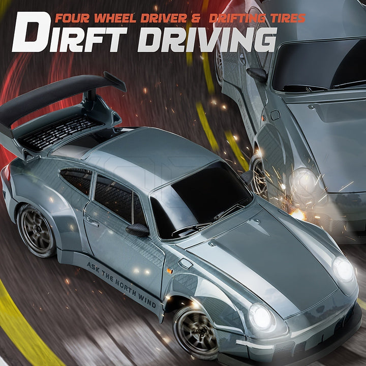 Samochód RC Drift 4WD w akcji z jasnymi diodami LED i akumulatorem, idealny do spektakularnych driftów.