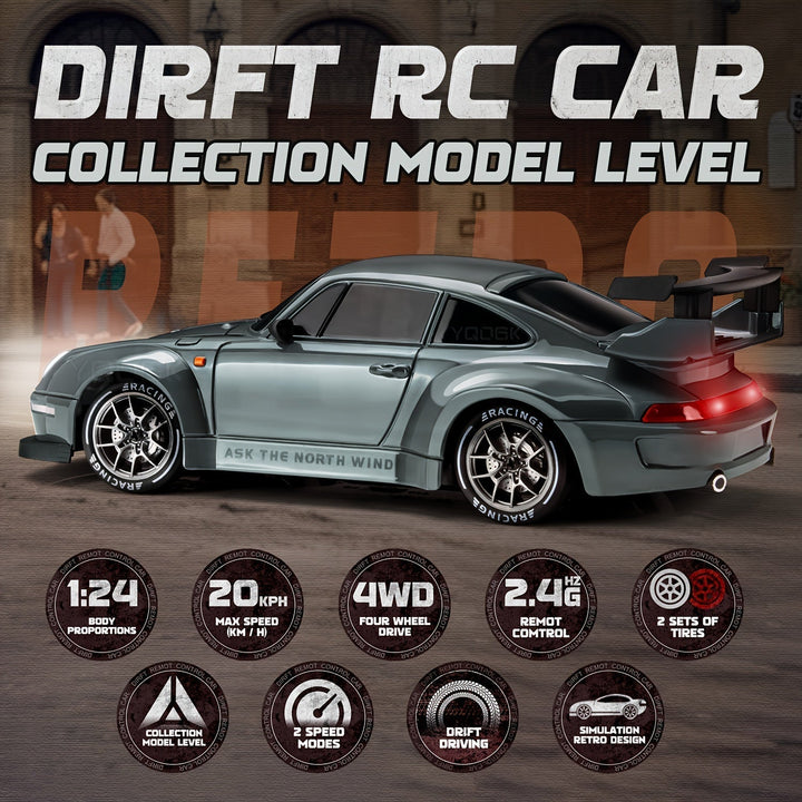 Samochód RC Drift 4WD w akcji z jasnymi diodami LED i akumulatorem, idealny do spektakularnych driftów.