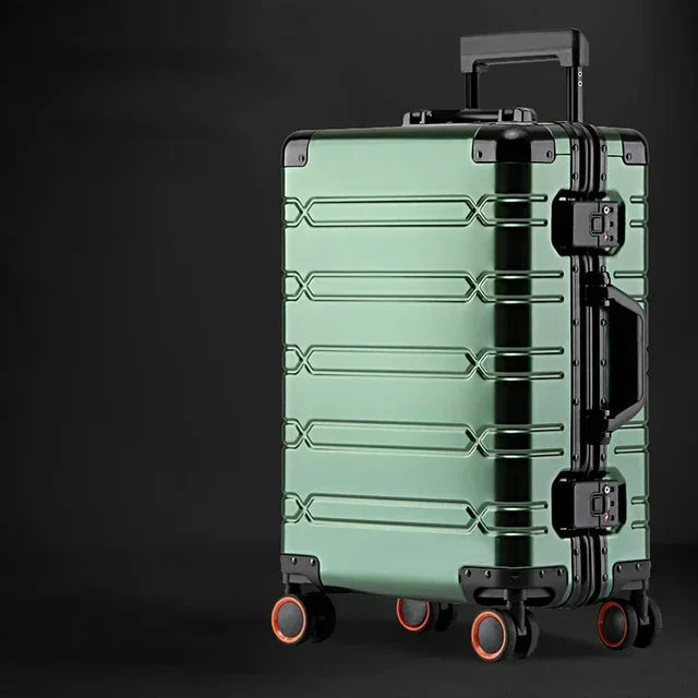 Luksusowa walizka Oslo z twardego aluminium-magnezu, elegancki design, gotowa na podróż.