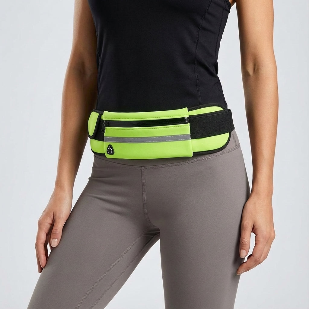 Osoba biegnąca z wodoodporną nerką sportową RunBelt na biodrach. Praktyczna, unisex torba do biegania.