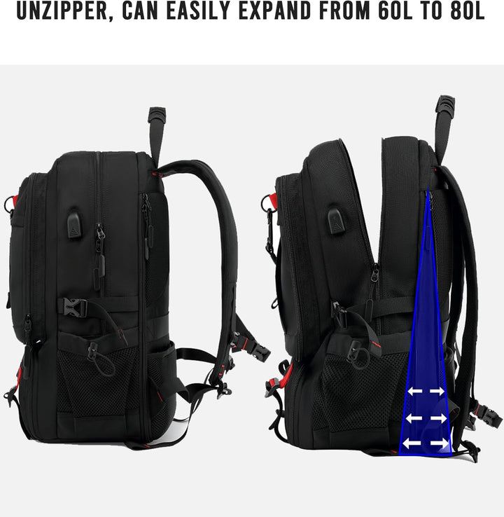 Praktyczny plecak podróżny 60L unisex, wodoodporny, z portem USB do ładowania i kieszenią na laptopa.