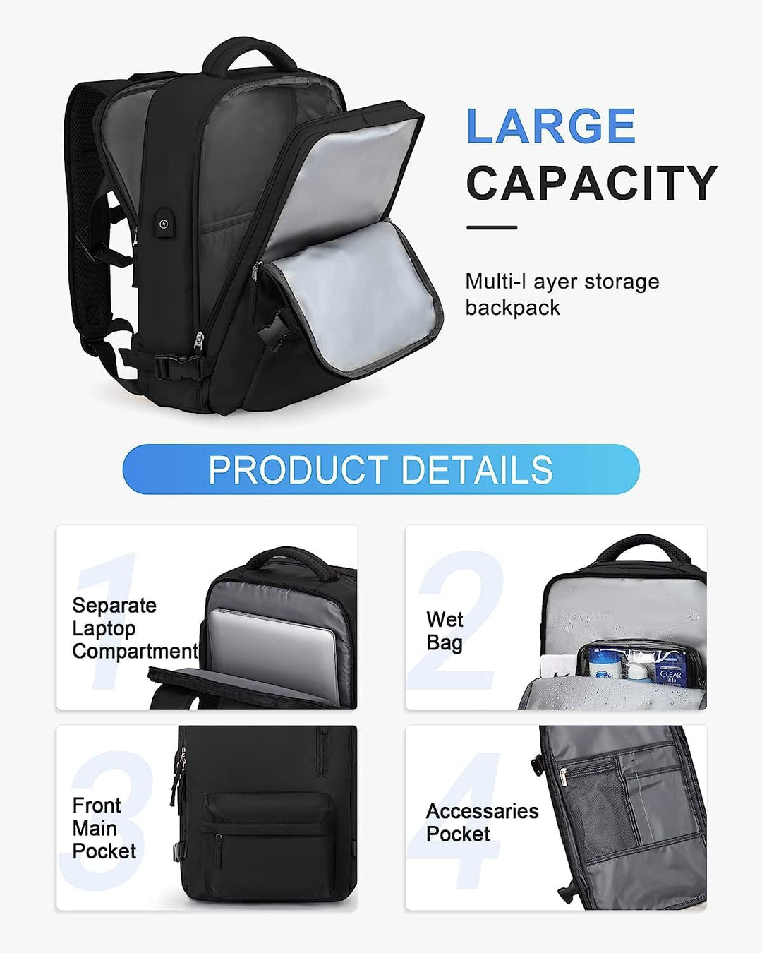 Wnętrze wodoodpornego plecaka z wieloma kieszeniami, na laptopa 14", USB, zapewniające doskonałą organizację.
