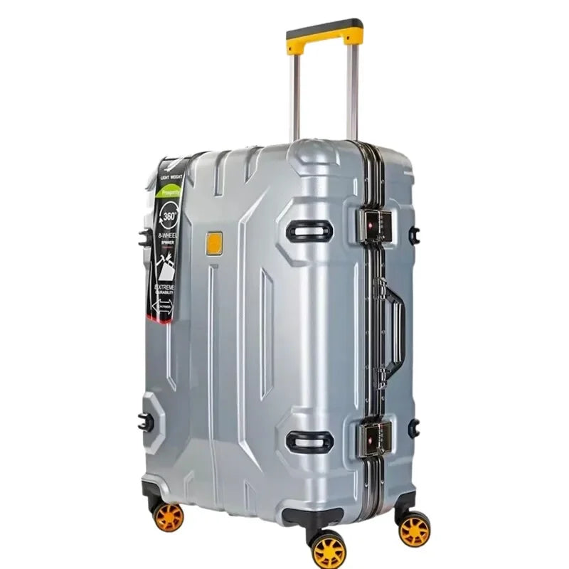 Elegancka walizka na kółkach z aluminium, zapewniająca płynny transport bagażu.
