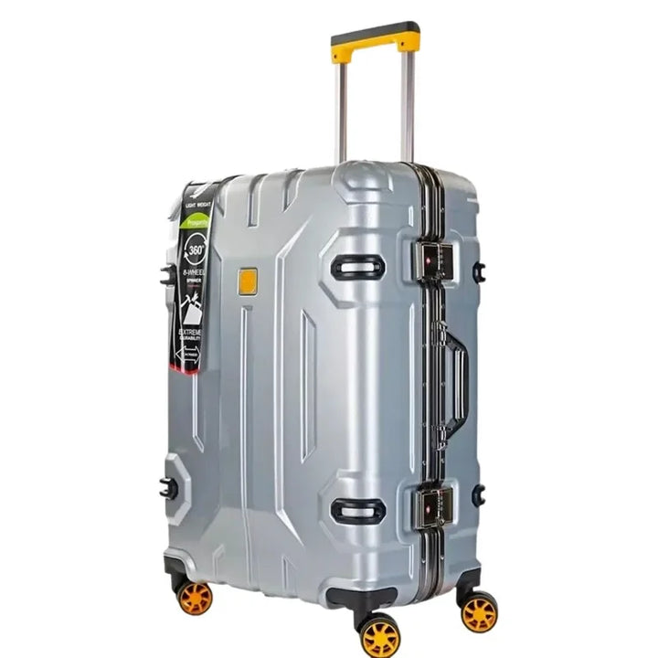 Elegancka walizka na kółkach z aluminium, zapewniająca płynny transport bagażu.
