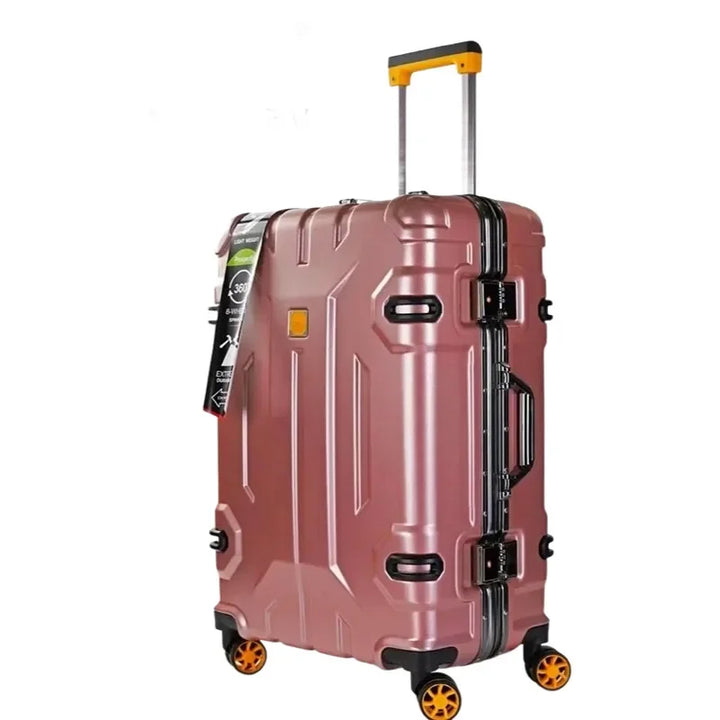 Aluminiowa walizka podróżna z ramą wzmacniającą, odporna na uderzenia, elegancka.