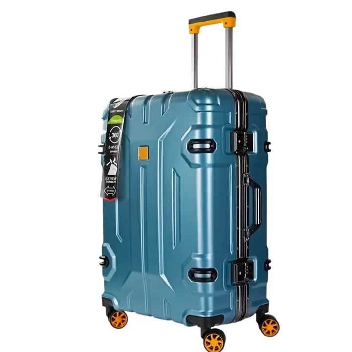 Nowoczesna walizka z twardą obudową, zamkiem TSA i aluminiowymi detalami, bezpieczny transport.