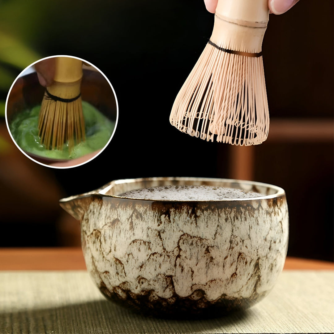 Zestaw akcesoriów do herbaty Matcha. 6 el., w tym szklana czarka i bambusowe narzędzia do japońskiej ceremonii.
